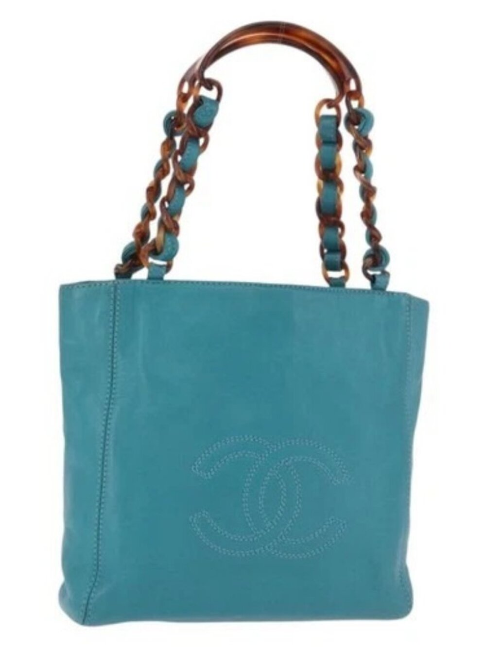 CHANEL Tortoise Pattern Chain Tote Bag Lamb Skin Turquoise Blue CC Auth 187038A
